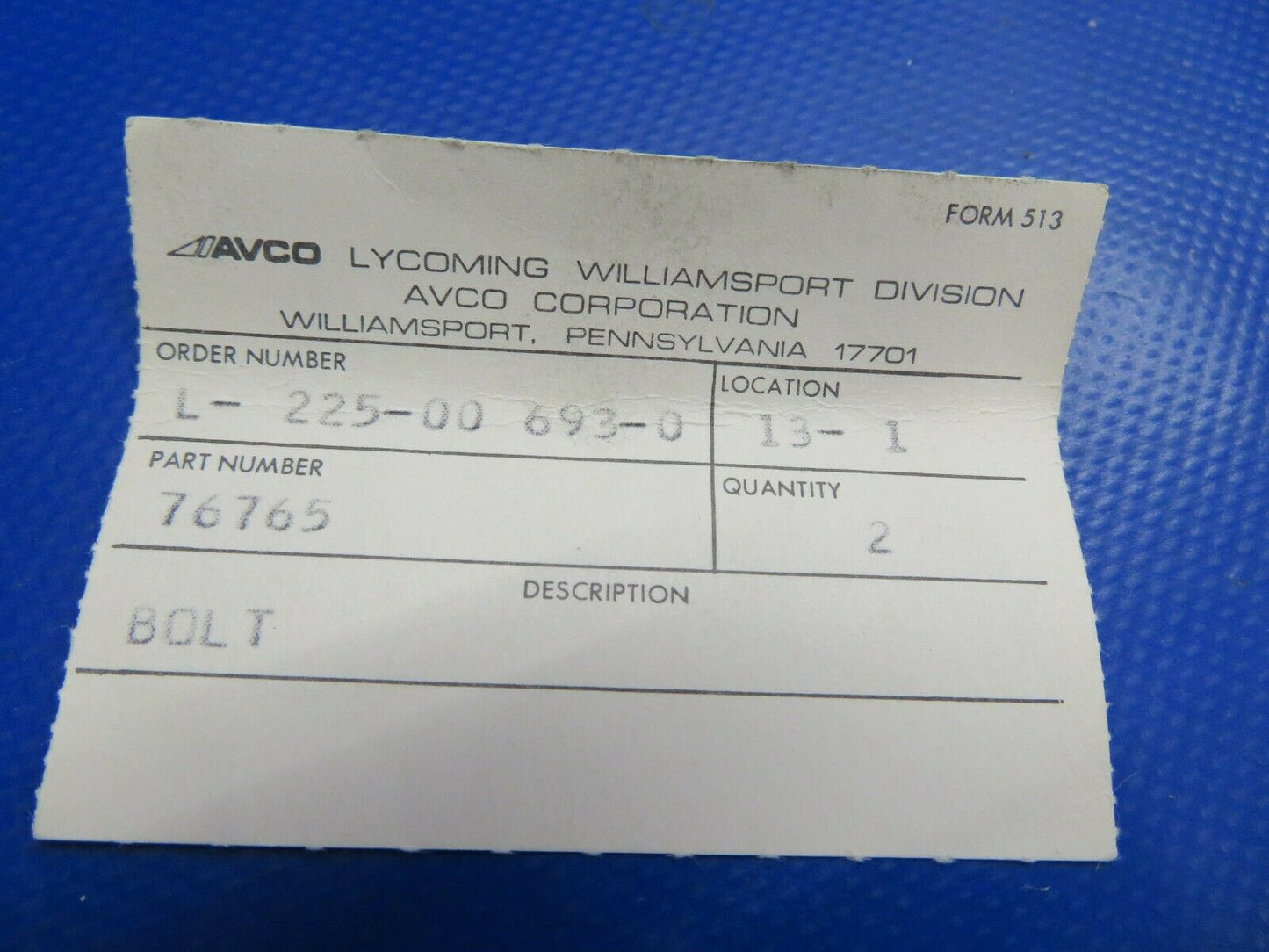 Lycoming Bolt P/N 76765 (0720-653)