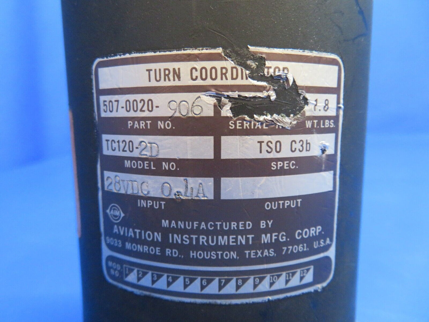 Beech Aviation Instrument Turn Coordinator 28V P/N TC120-2D CORE (1022-870)