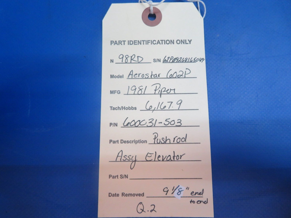Piper Aerostar 602P Push Rod Assy Elevator P/N 600031-503 (0123-526)
