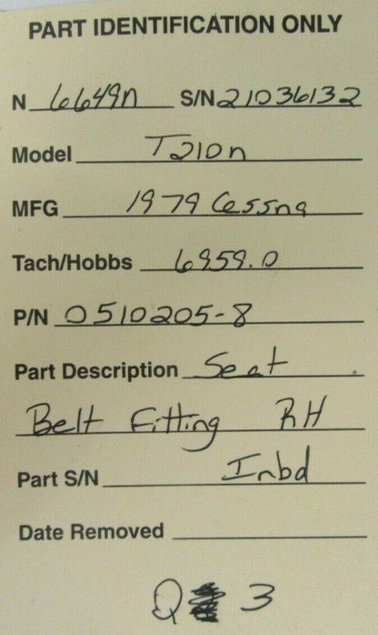 Cessna T210N Seat Belt Fitting RH INBD P/N 0510205-8 (0321-450)