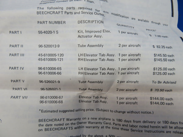 Beech Elevator Trim Tab Assy Improvement Kit P/N 55-4020-1S NOS (0922-969)