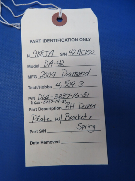 Diamond DA-42 RH Driver Plate w/ Brackett & Spring P/N D60-3237-16-51 (0623-387)