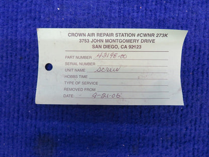 Piper Screw P/N 43198-00 (Drilled Incorrectly) (0622-801)
