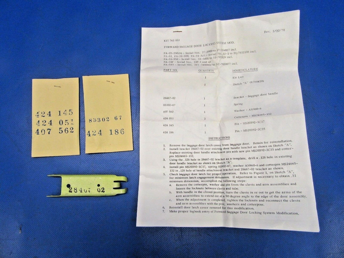 Piper Forward Baggage Door Locking System KIT P/N 763-853 NOS (1218-237)