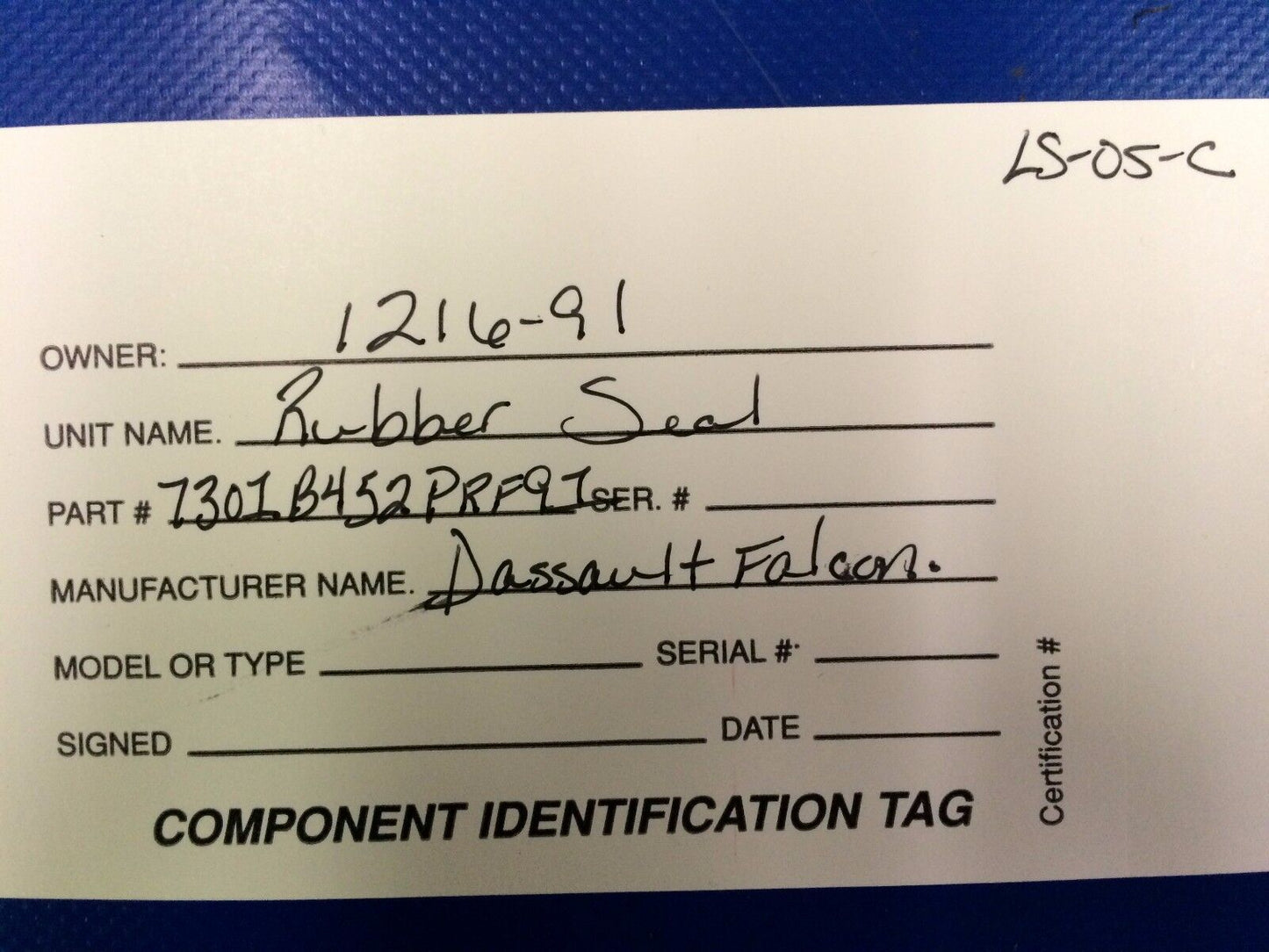 Dassault Falcon Rubber Seal P/N  7301B452PRF91 (1216-91)