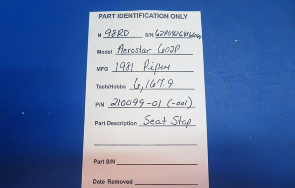 Piper Aerostar 602P Seat Stop P/N 210099-01, 210099-001 (0123-951)