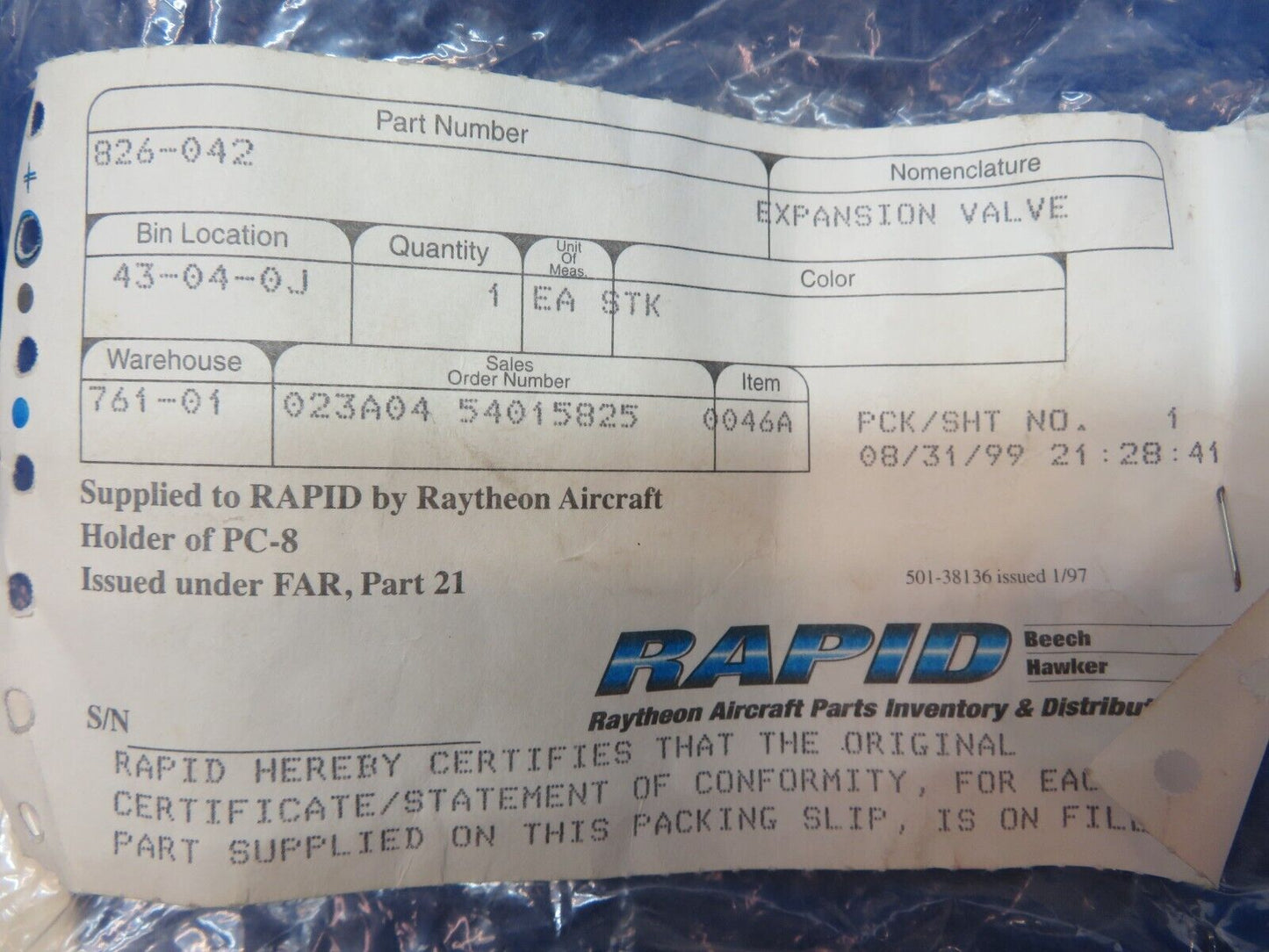 Piper Expansion Valve P/N 826-042 NOS (0622-888)