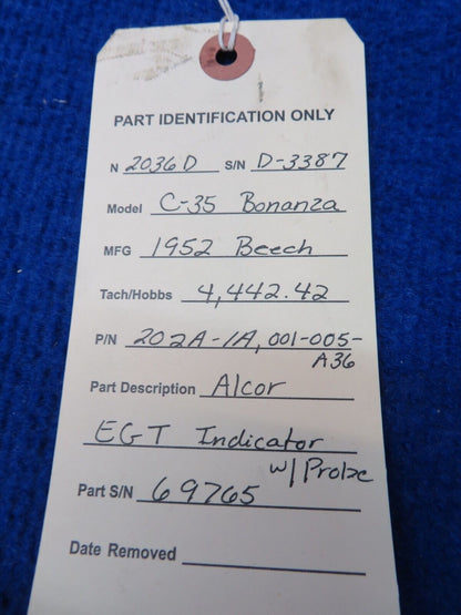Beech C-35 Bonanza Alcor EGT Indicator w/Probe P/N 202A-1A (0722-05)
