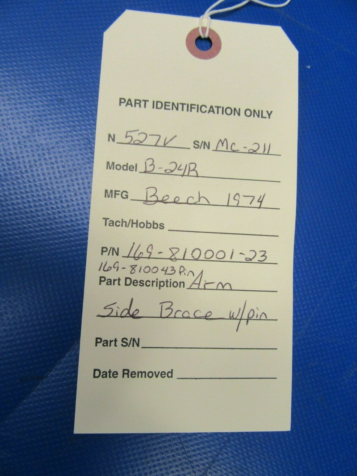 Beech B-24R Arm Side Brace w/Pin P/N 169-810001-23 (0219-186)