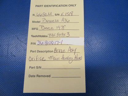 Beech A36 Braze Assy Orifice Main Landing Gear P/N 36-810017-1 (0719-66)