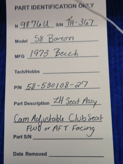 @eech 58 Baron LH Seat Assy Cam Adjustable Club Seat P/N 58-530108-27 (0322-781)