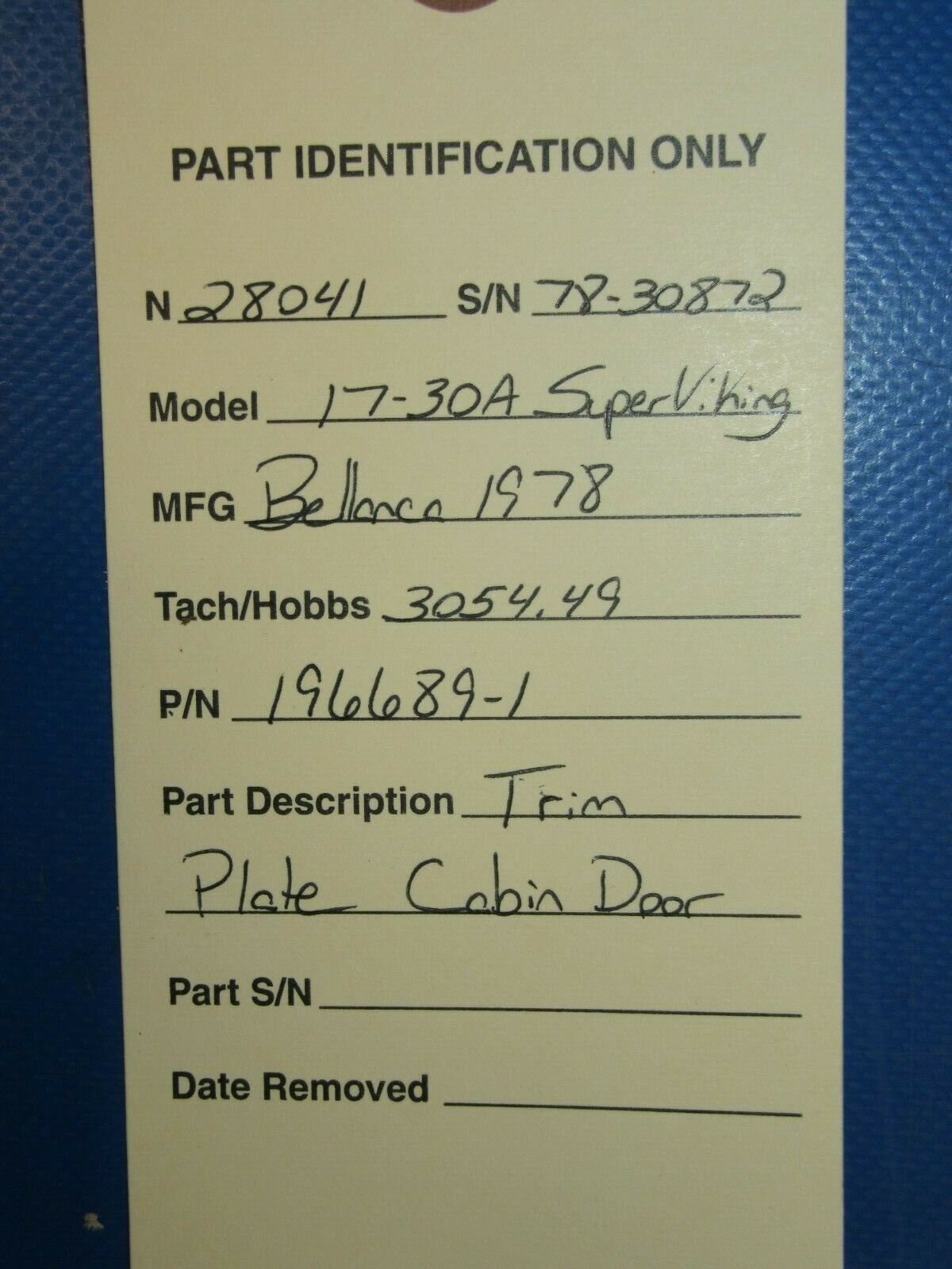 Bellanca 17-30A Super Viking Trim Plate Cabin Door 196689-1 (0919-47)