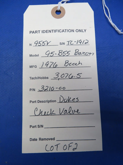 Beech 95-B55 Baron Dukes Check Valve P/N 3210-00 LOT OF 2 (0923-670)