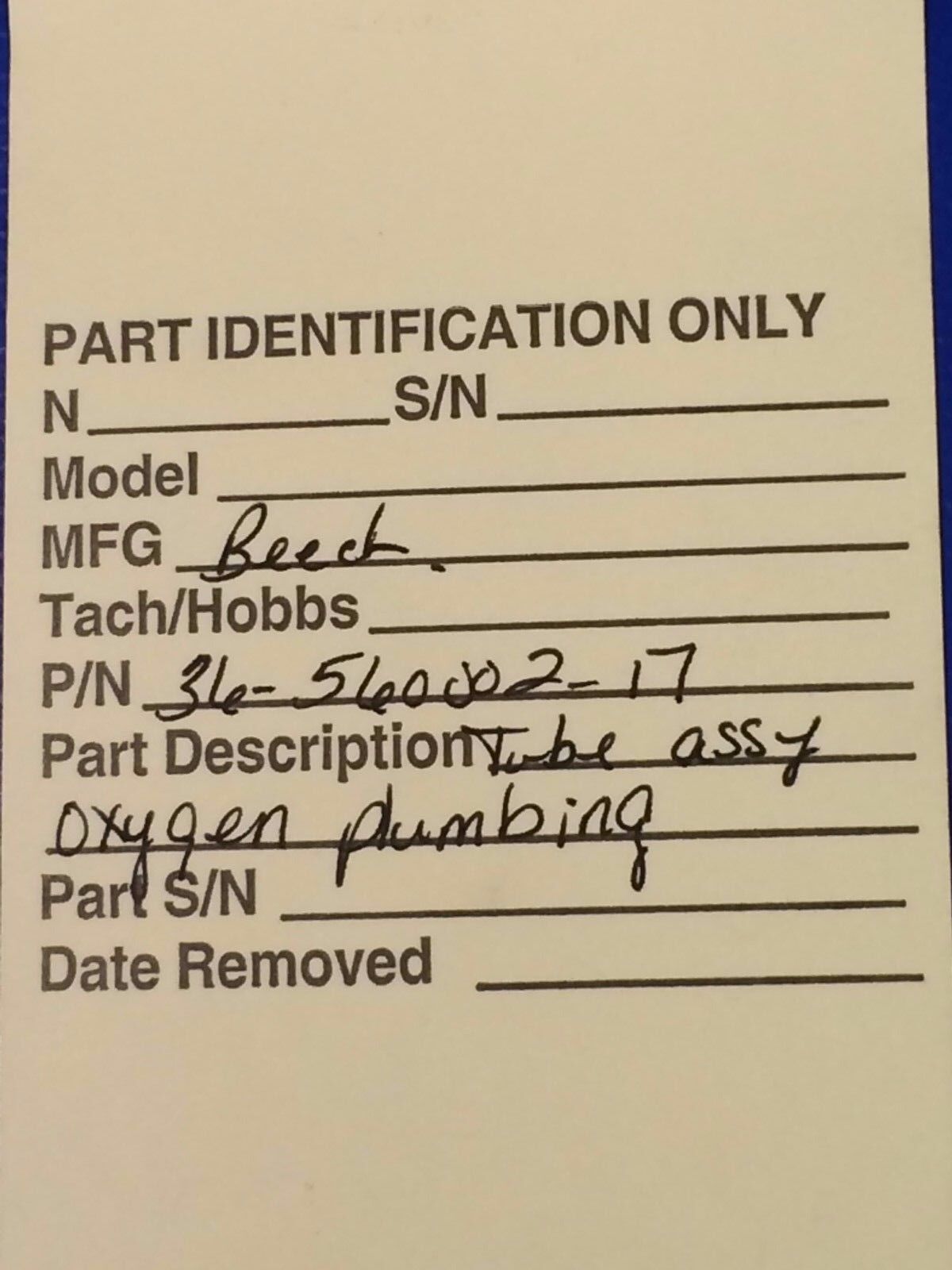 Beech Tube Assy - Oxygen Plumbing P/N 36-560002-17 (1016-03)