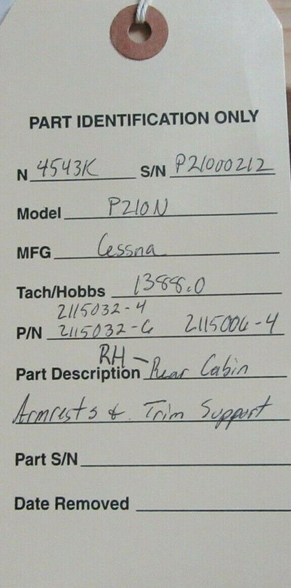 Cessna 210 / P210N Rear Cabin Armrests & Trim Support RH 2115032-4 (0421-646)