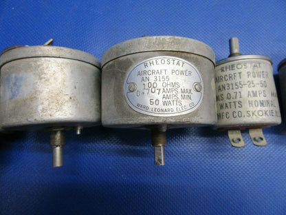 Rheostat Assorted Amps LOT OF 7 P/N AN3155, AN3155-25-50, AN3155-50-50 (0821-494