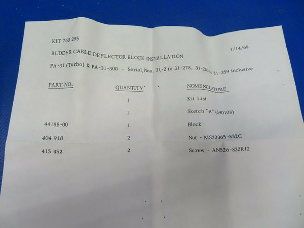 Piper PA-31 Rudder Cable Deflector Block Installation P/N 760-295 NOS (0720-679)
