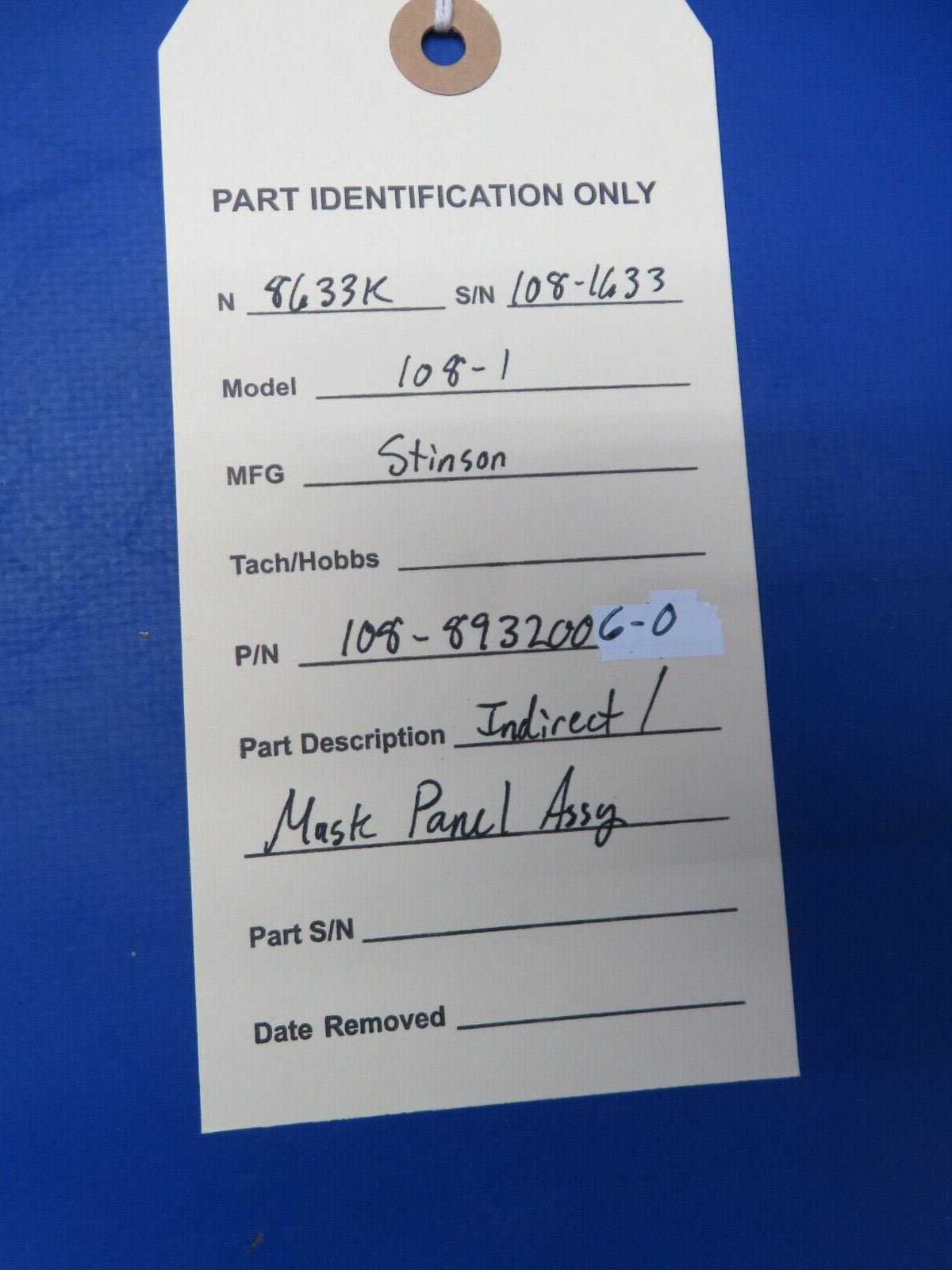 Stinson 108-1 Indirect / Mask Panel Assy P/N 108-8932006-0 (0823-524)