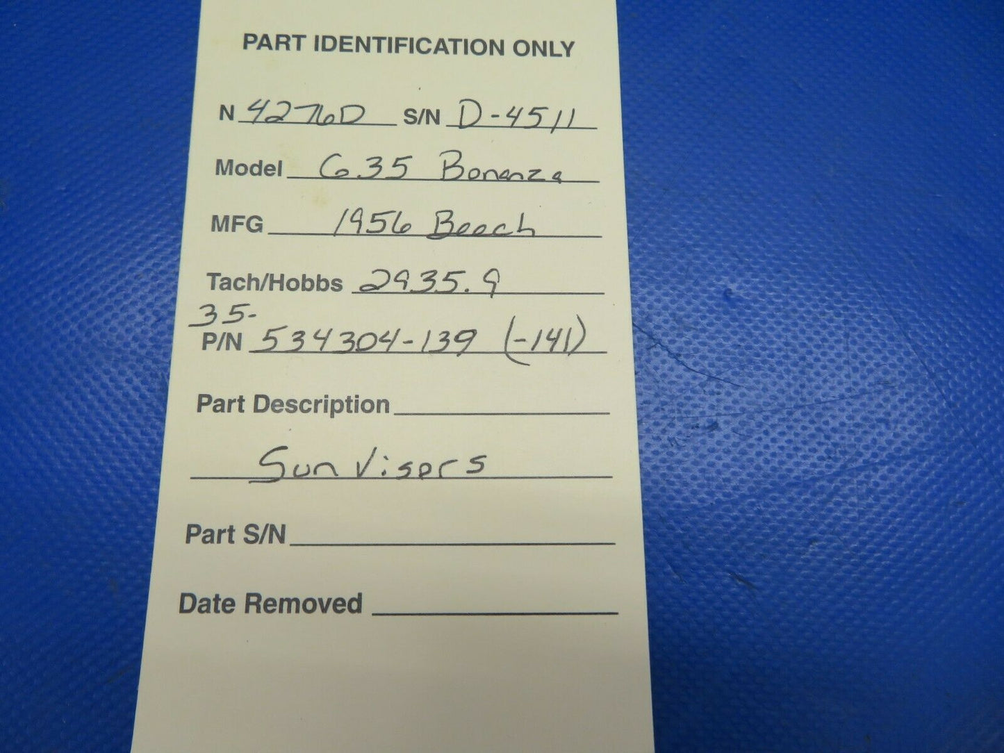 Beech G35 Bonanza Sun Visors P/N 35-534304-139 (0620-405)