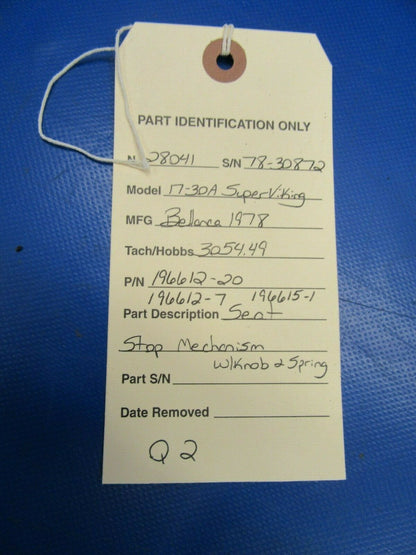 Bellanca 17-30A Super Viking Seat Stop Mechanism w/ Knob 196612-20 (0819-235)