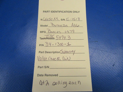 Beech Bonanza A36 Sweeney Valve Check Air P/N 34-1300-1 (0719-13)