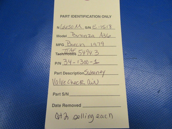 Beech Bonanza A36 Sweeney Valve Check Air P/N 34-1300-1 (0719-13)