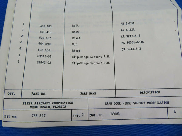 Piper PA-46-310P Gear Door Hinge Support Modification Kit P/N 765-347 (0820-314)