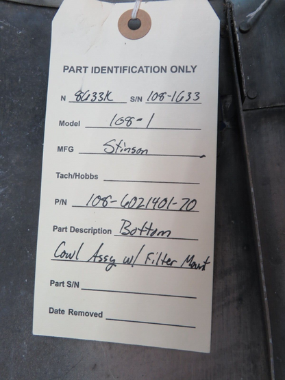 Stinson 108-1 Bottom Cowl Assy W/ Filter Mount P/N 108-6021401-70 (0823-624)