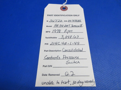 Piper PA-34 Consolidated Controls Pressure Switch P/N 214C40-1-49 (0523-390)