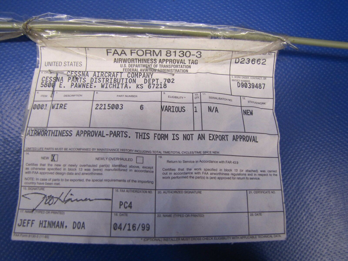 Cessna Wire P/N 2215003-6 NOS (0517-101)