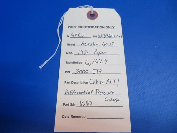 Piper Aerostar 602P Cabin Differential Pressure Gauge P/N 3000-J19 (1022-611)