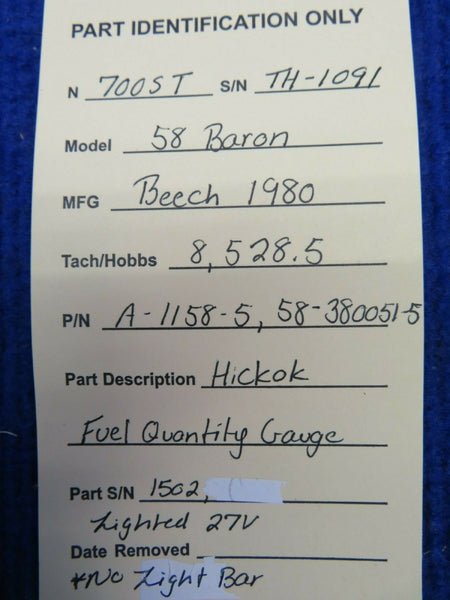 Beech 58 Baron Hickok Fuel Quantity Gauge P/N A-1158-5, 58-3800051-5 (0222-271)