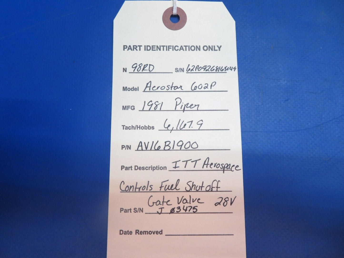 Piper Aerostar 602P Fuel Shutoff Gate Valve 28 Volts P/N AV16B1900 (0123-924)