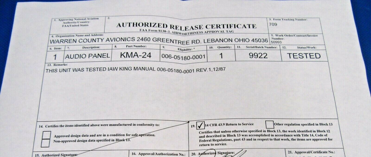 King KMA 24 Audio Panel 066-1055-03 w/8130 (0619-400)