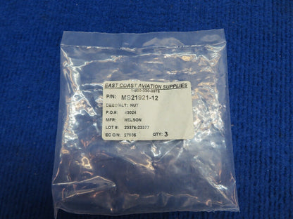 Tube Coupling Nut P/N MS21921-12 LOT OF 3 NOS (0622-362)