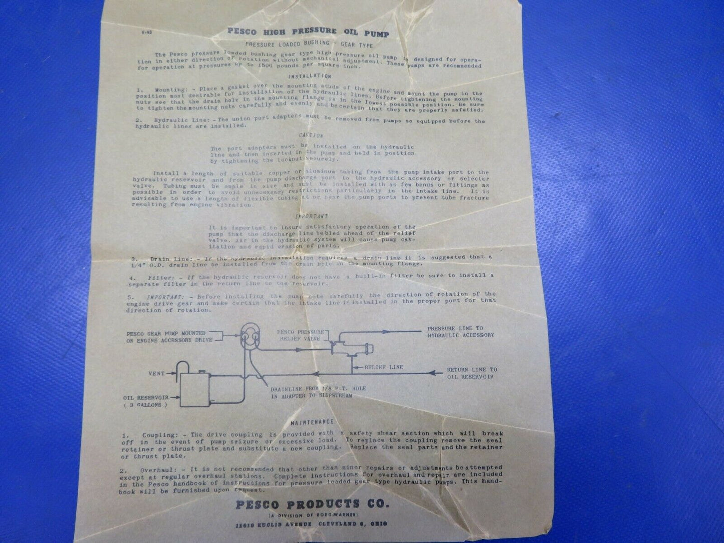 Pesco Pump Hydraulic Unit Vintage 1945 P/N 1P-349-N NOS (0720-576)
