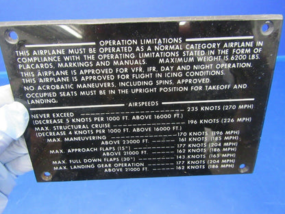 1979 Beech Baron 58P Placards LOT OF 6 (0818-297)