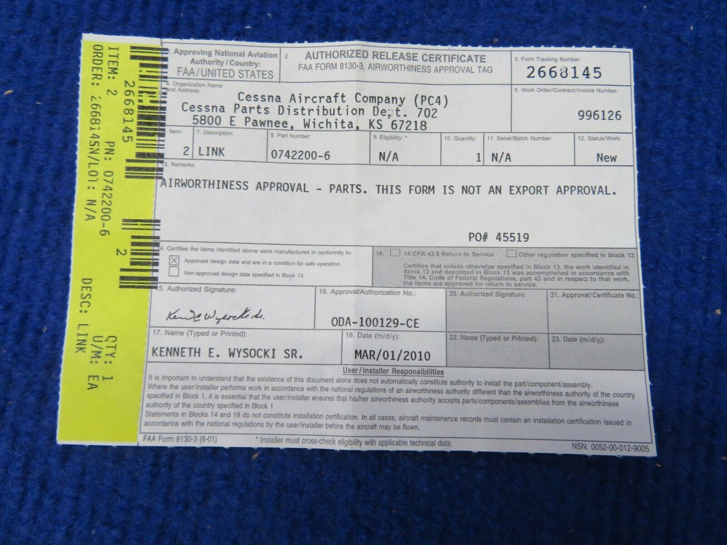 Cessna Link P/N 0742200-6, 2133-00 NOS w/ 8130 (0522-66)