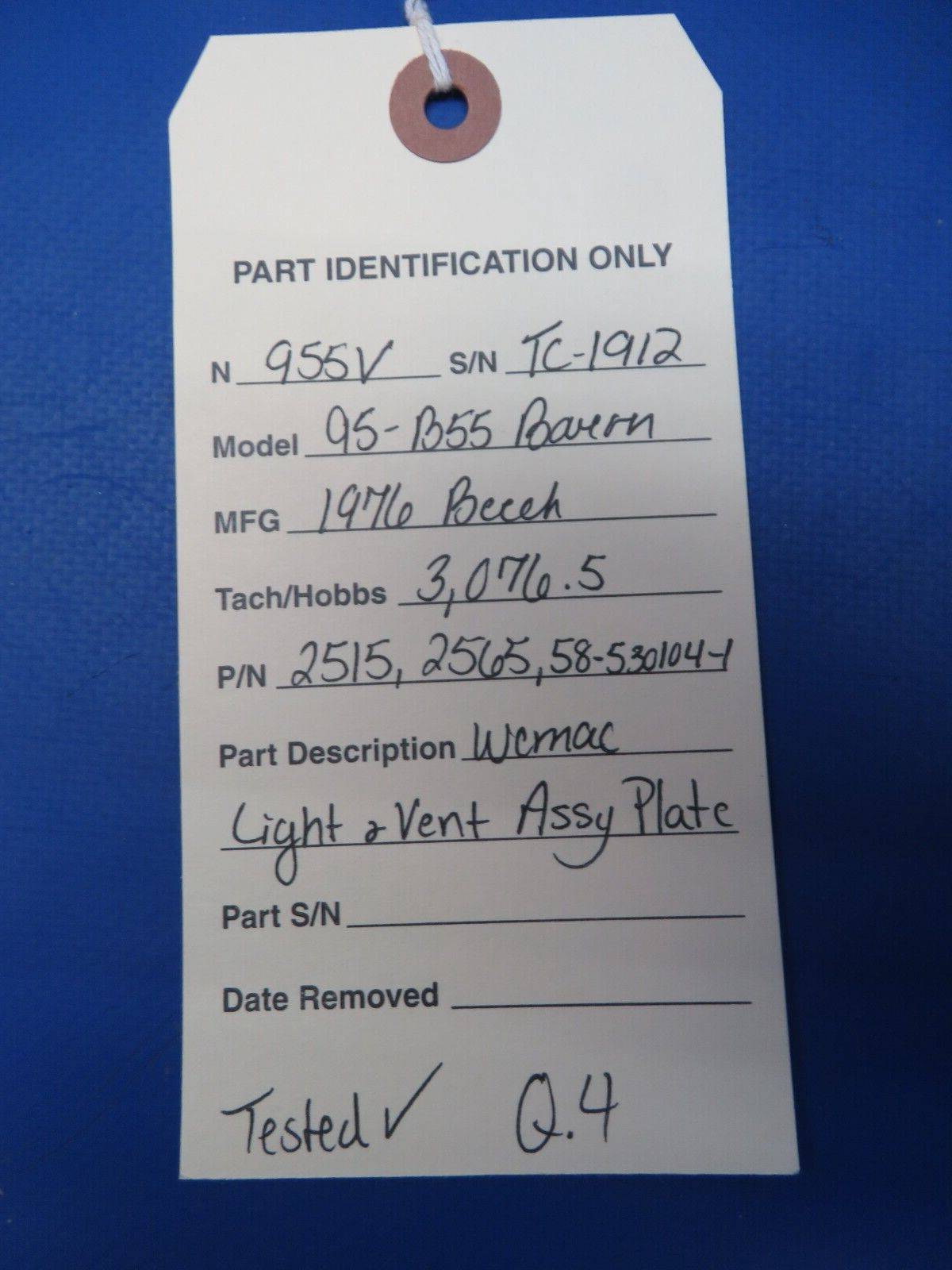 Beech 95-B55 Baron Wemac Light & Vent Assy Plate P/N 2515, 2565 (0623-351)
