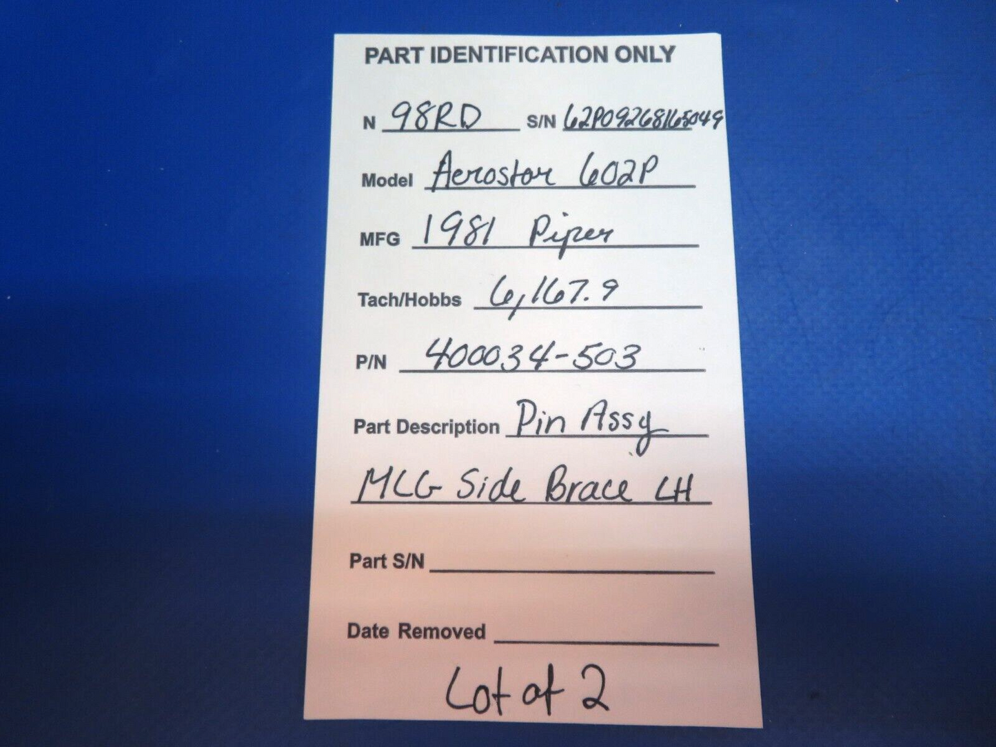 Piper Aerostar 602P Pin Assy MLG Side Brace P/N 400034-503 LOT OF 2 (0123-830)