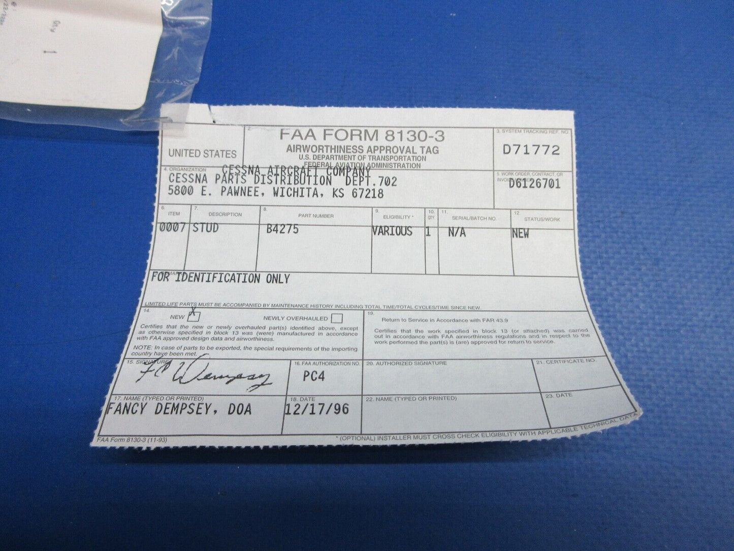 McCauley Threaded Propeller Stud w/ 8130 P/N B4275, B-4275 NOS (0523-445)