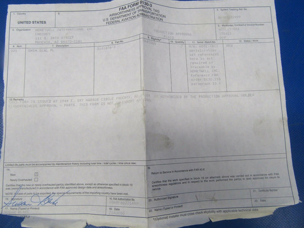 Cessna Honeywell Shim Seal 3101876-3 w/ 8130 NOS (0419-216)