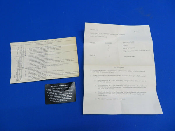 Piper PA-31 Emergency Extension Placard Revision Kit P/N 760-570 NOS (0820-330)