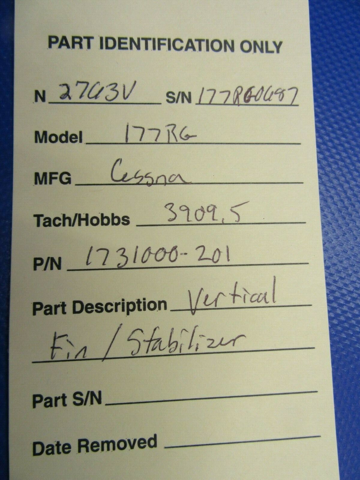 Cessna 177RG Cardinal Vertical Fin / Stabilizer, P/N 1731000-201 (1220-214)