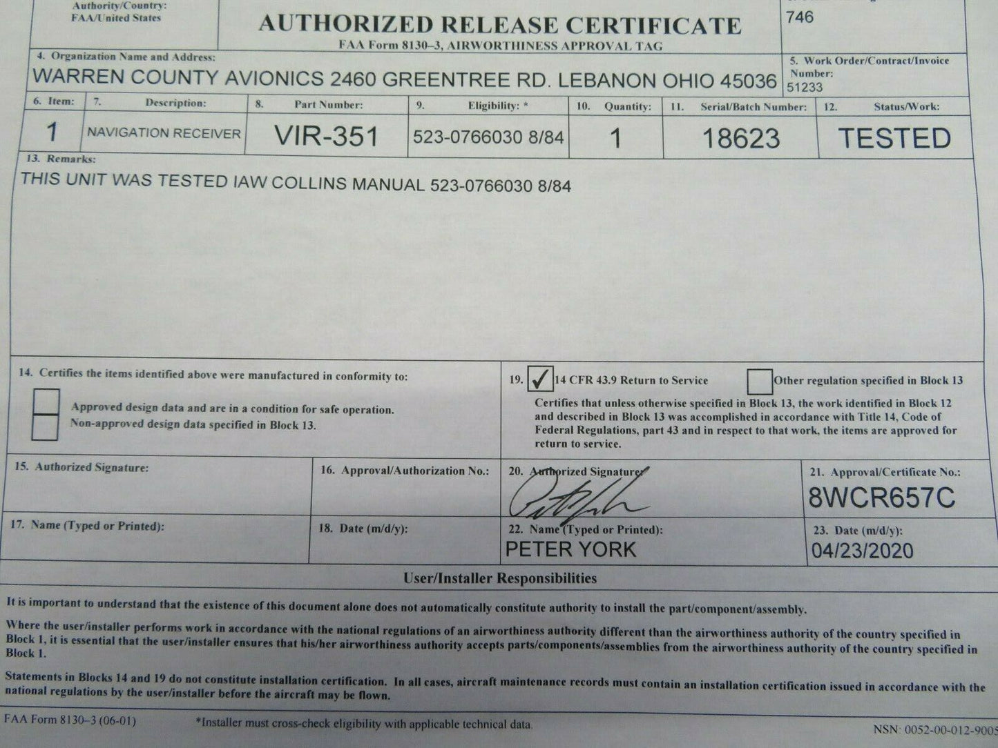 Collins VIR-351 NAV 14V 622-2080-011 w / New 8130 (0520-01)