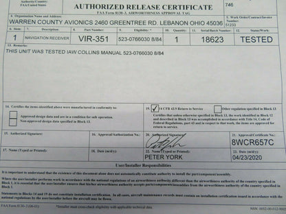 Collins VIR-351 NAV 14V 622-2080-011 w / New 8130 (0520-01)