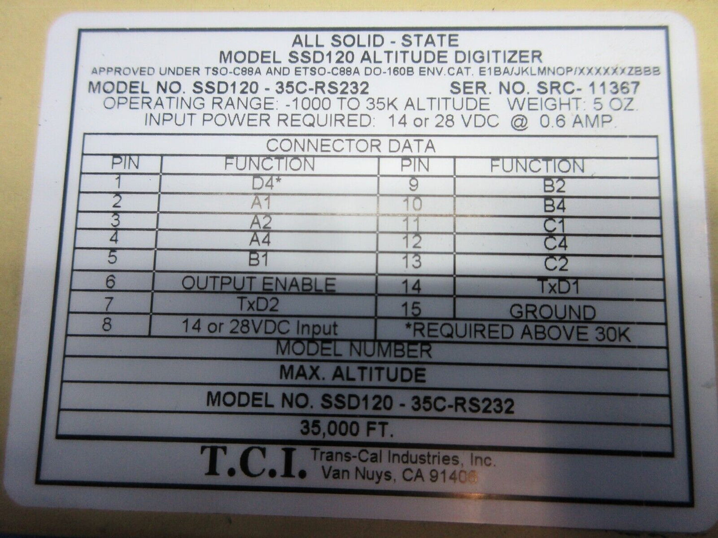Trans-Cal Ind All Solid-State Altitude Digitizer P/N SSD120-35C-RS232 (0823-113)