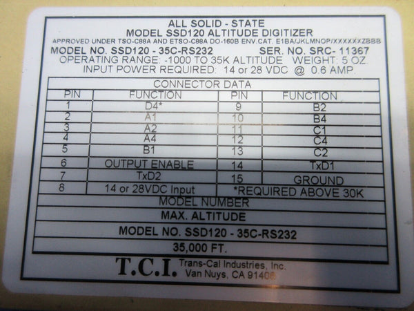 Trans-Cal Ind All Solid-State Altitude Digitizer P/N SSD120-35C-RS232 (0823-113)