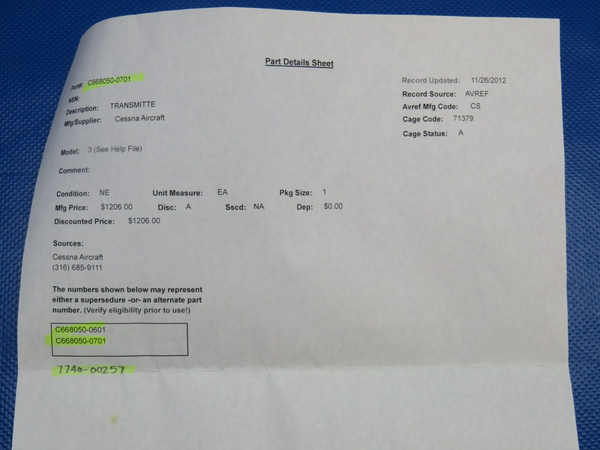 Cessna Fuel Sender with 8130 P/N C668050-0602 TESTED (0124-1115)