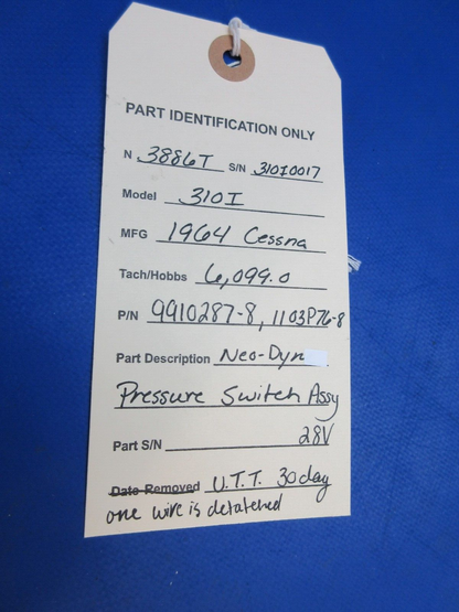 Cessna 310 / 310I Neo-Dyn Pressure Switch Assy 28V P/N 9910287-8 (0923-945)